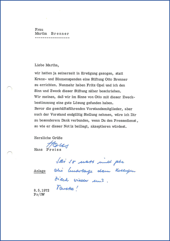 Brief von Hans Preiss an Martha Brenner