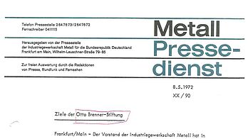 Der IG Metall-Pressedienst zur Gründung der Otto Brenner Stiftung