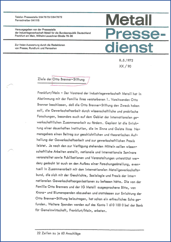 IG Metall Pressedienst zu den Zielen der Stiftung