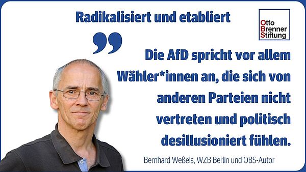 Statement von Studienautor Bernhard Weßels: Die AfD spricht vor allem Wähler*innen an, die sich von anderen Parteien nicht vertreten und politisch desillusioniert fühlen.