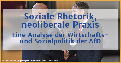 Titelgrafik des OBS-Arbeitspapiers 52 zur Analyse der Wirtschafts- und Sozialpolitik der AfD. Zu sehen sind Björn Höcke, AfD, der Thomas Kemmerich, FDP, zu gewonnenen Ministerpräsidentenwahl 2020 in Thüringen gratuliert.