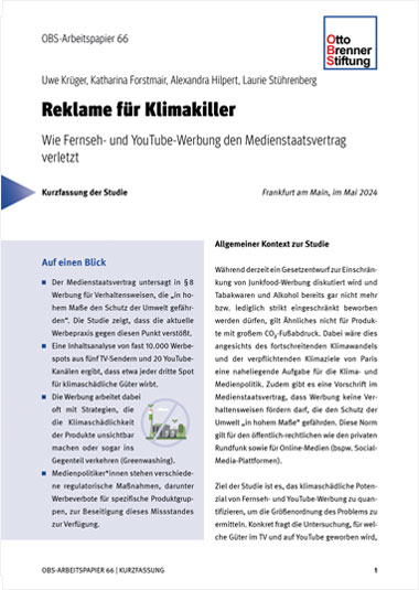 Cover der Kurzfassung des OBS-Arbeitspapiers 66: Reklame für Klimakiller - Wie Fernseh- und YouTube-Werbung den Medienstaatsvertrag verletzt.